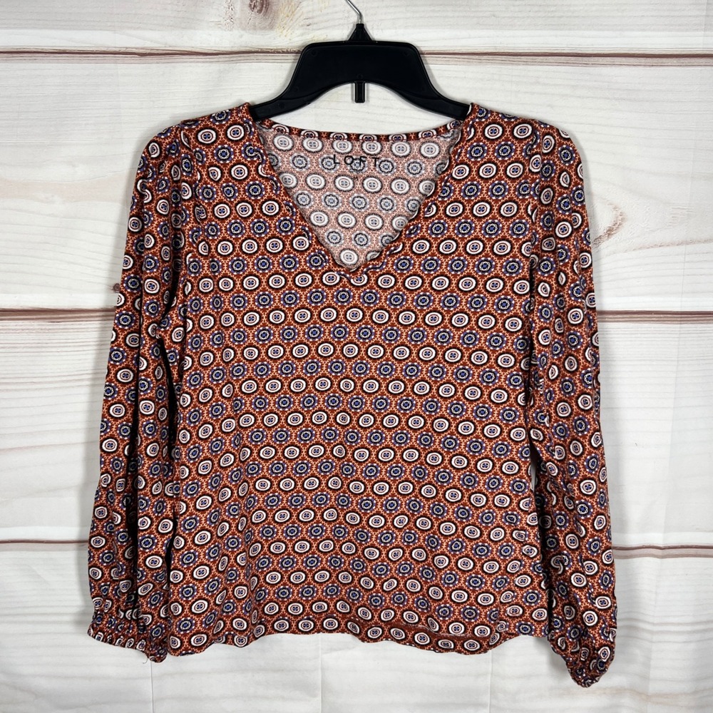LOFT V-Neck‎ Blouse Womens M Orange Medallion Long Sleeve Cotton Top Pullover